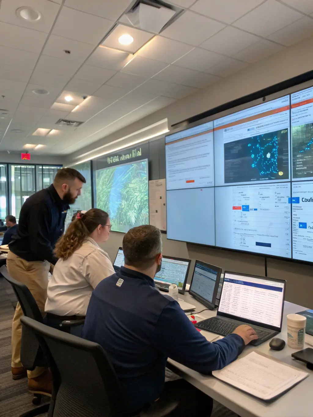 An image depicting a team of crisis management experts working diligently in a situation room, analyzing data and coordinating a response strategy during a simulated crisis event.