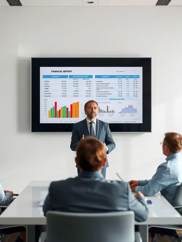 A consultant presenting a strategic plan to a corporate boardroom, with charts and data visualizations.