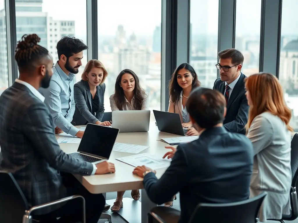 A high-resolution image depicting a team of consultants working collaboratively in a modern office setting, brainstorming and analyzing data to develop a strategic plan.